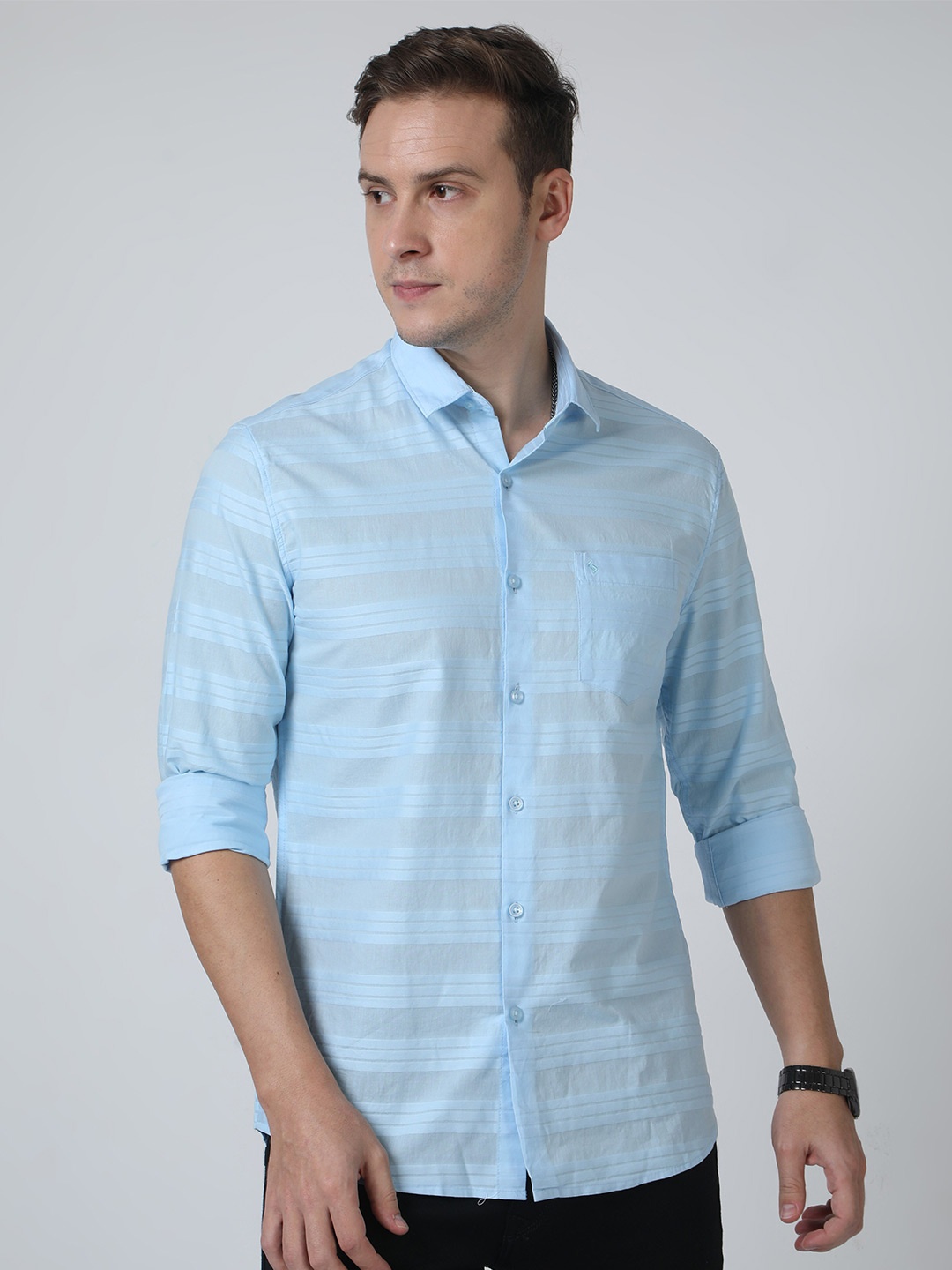 

Classic Polo Men Slim Fit Horizontal Striped Casual Shirt, Blue