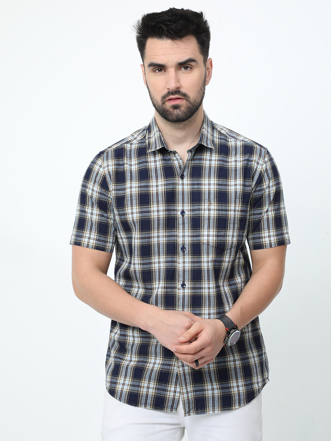 

Classic Polo Men Slim Fit Tartan Checked Casual Shirt, Navy blue