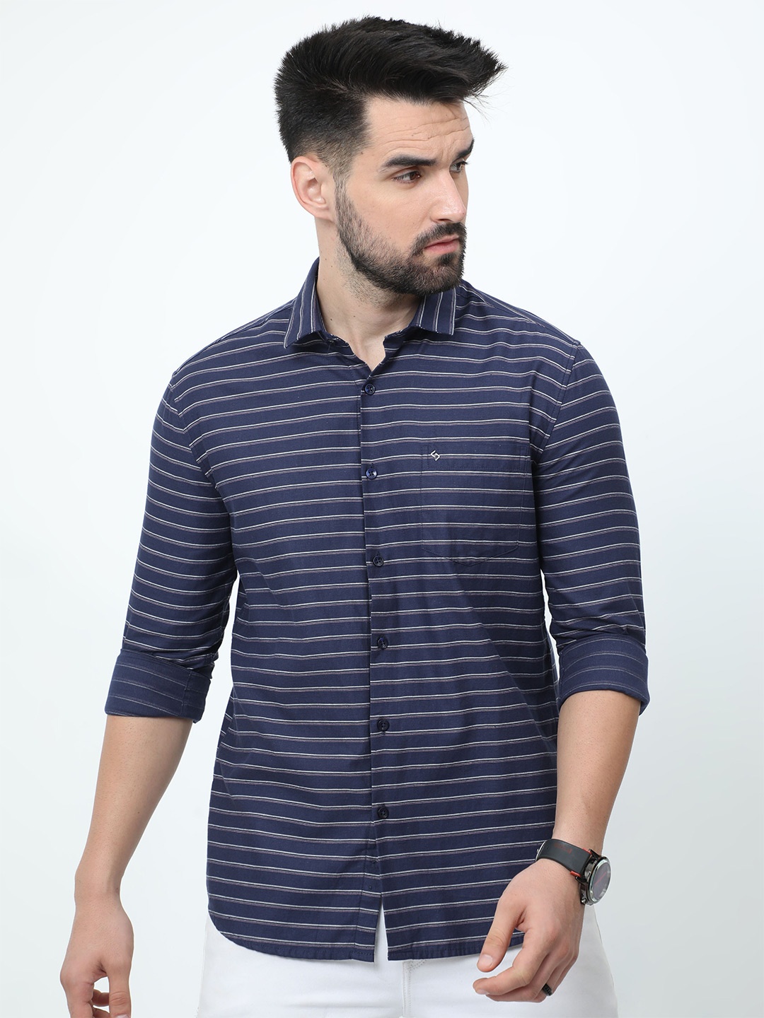 

Classic Polo India Slim Horizontal Stripes Cotton Casual Shirt, Navy blue