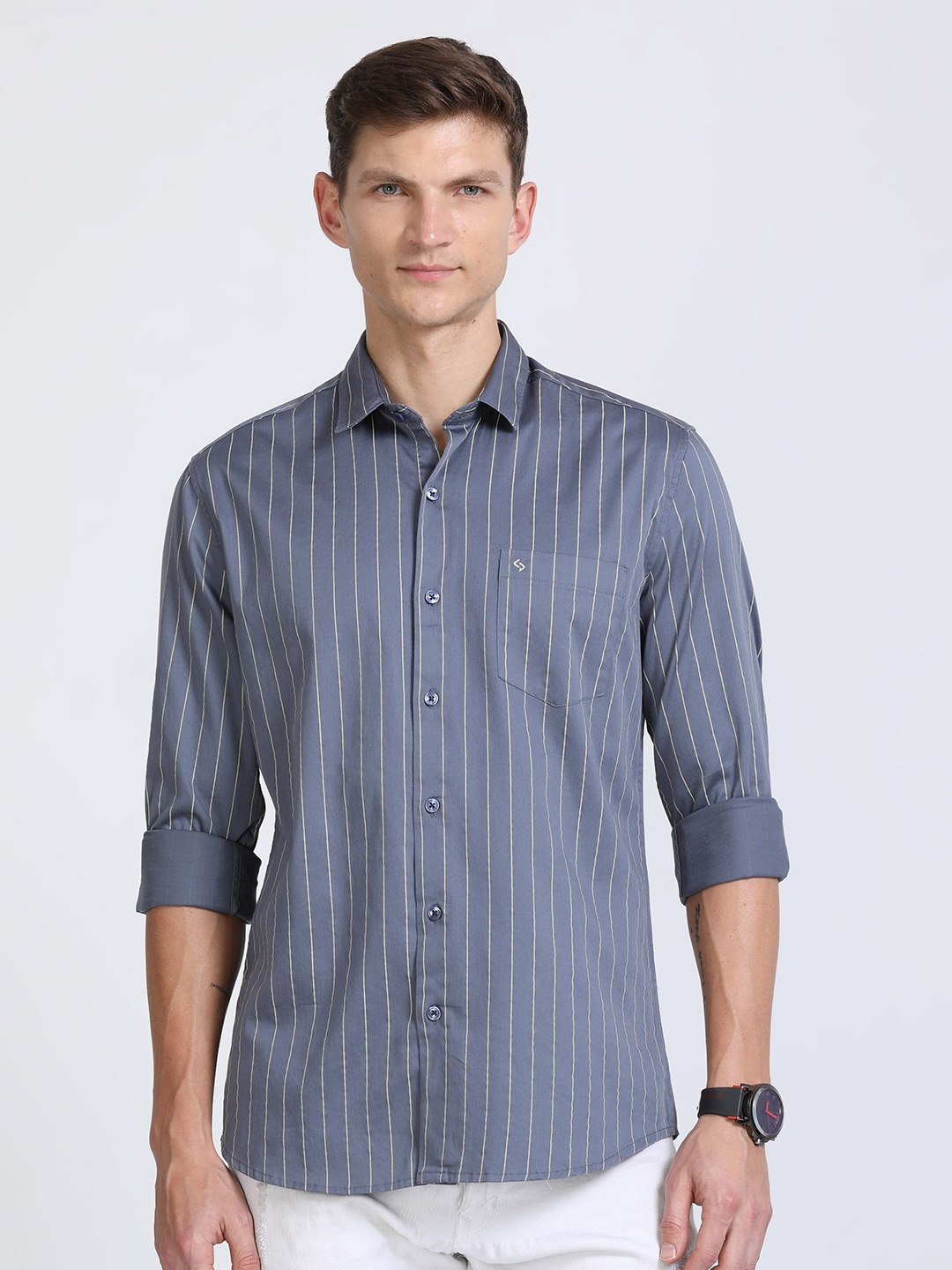 

Classic Polo Men Slim Fit Opaque Striped Casual Shirt, Grey