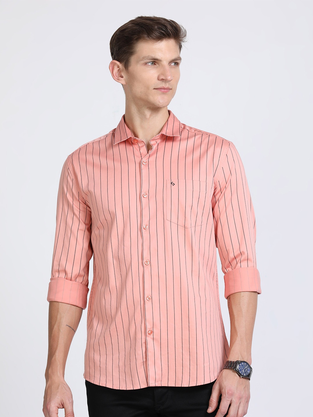 

Classic Polo Men Slim Fit Opaque Striped Casual Shirt, Peach