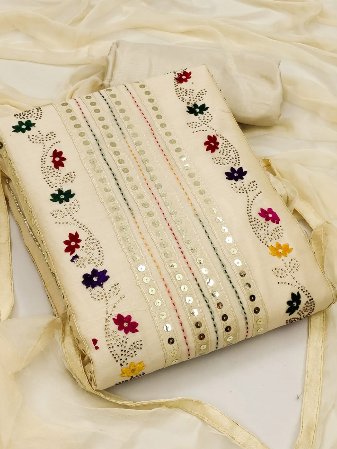 

KALINI Floral Embroidered Unstitched Dress Material, Cream