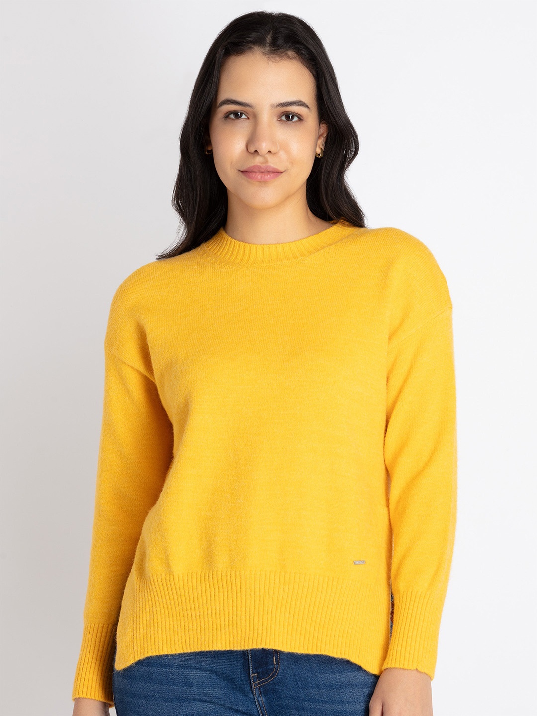

Status Quo Round Neck Long Sleeves Ribbed Pullover, Yellow
