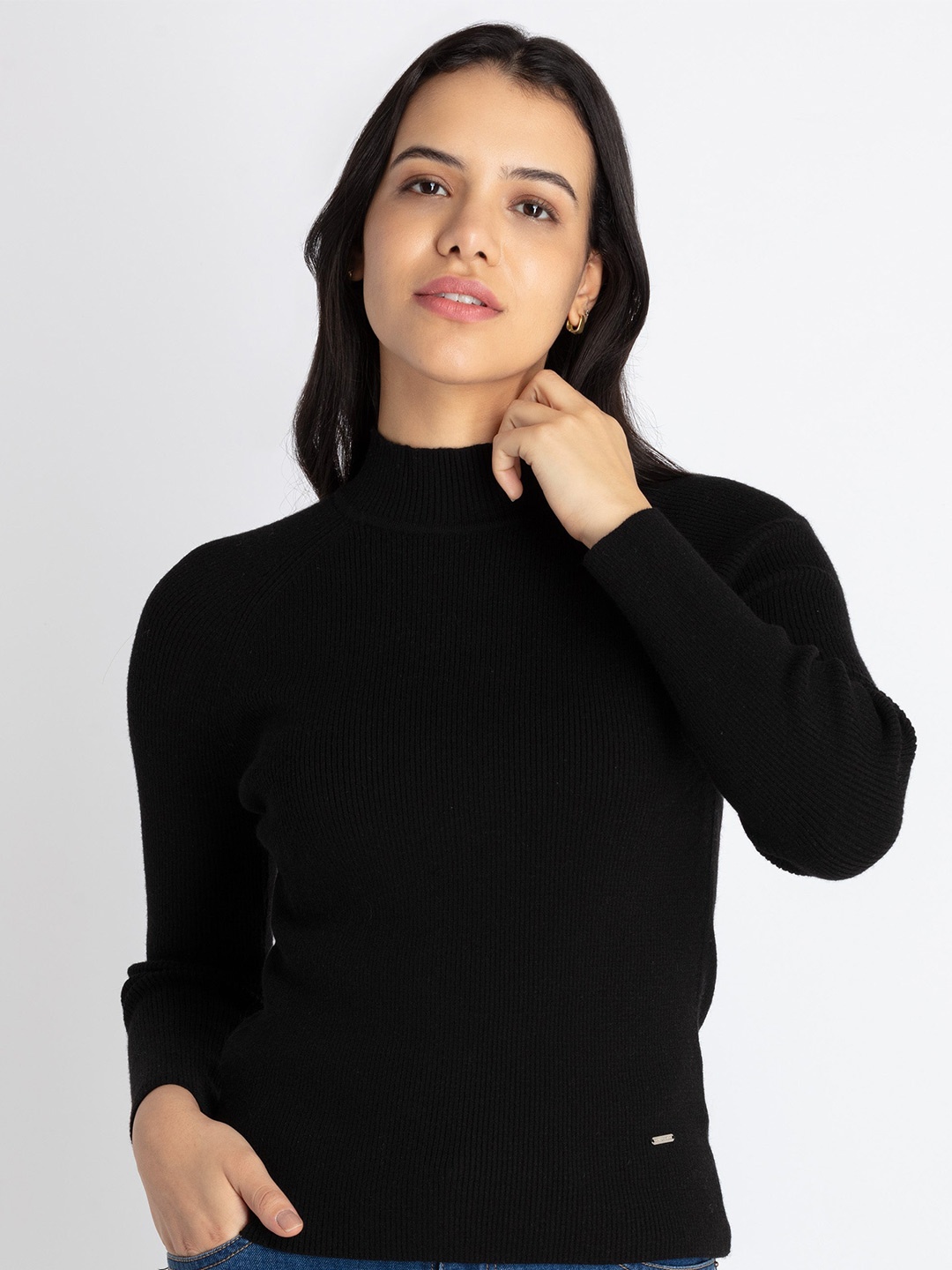 

Status Quo Turtle Neck Ribbed Pullover, Black