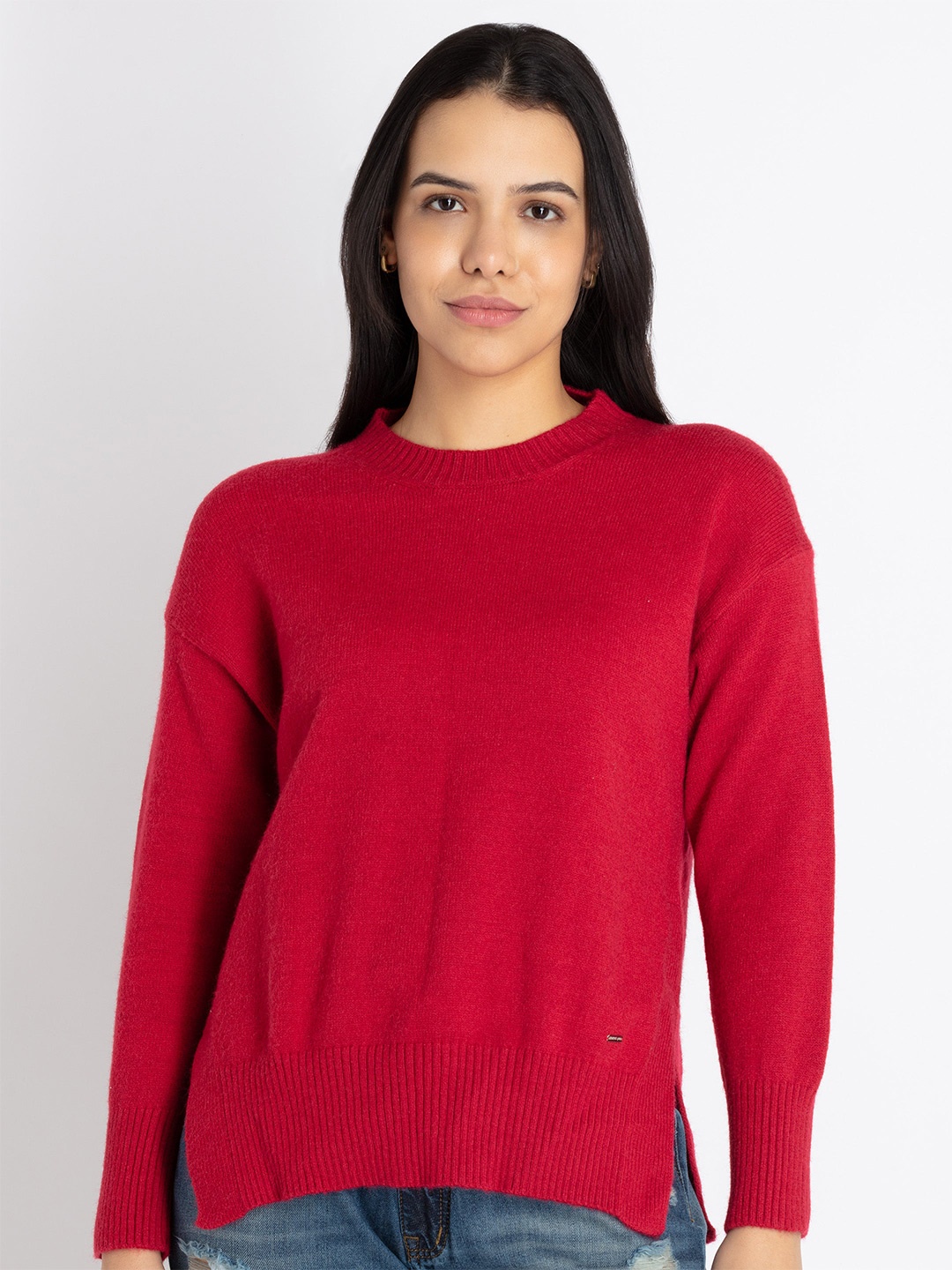 

Status Quo Round Neck Ribbed Pullover, Maroon