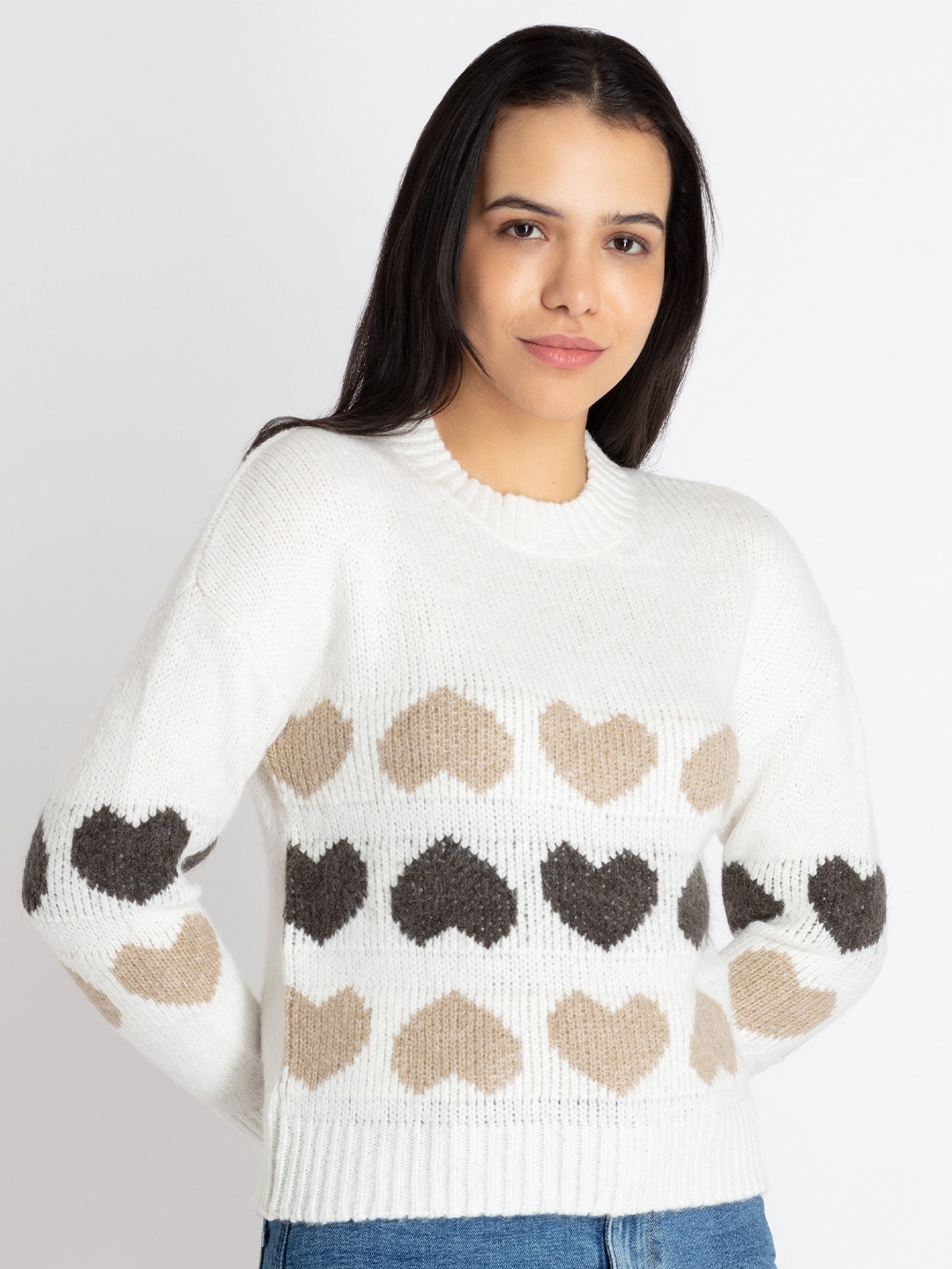 

Status Quo Conversational Printed Ribbed Pullover, White