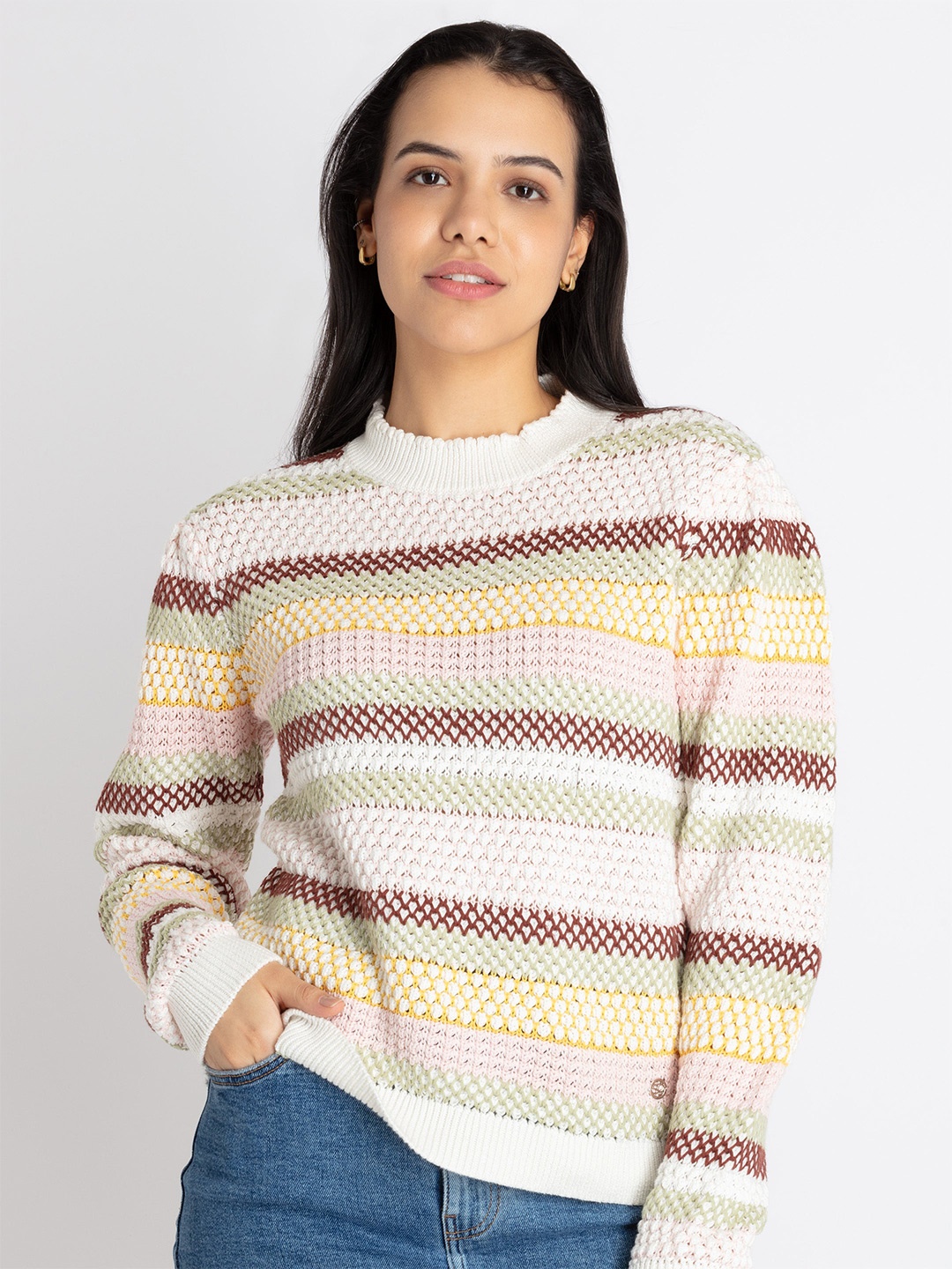 

Status Quo Striped Embroidered Ribbed Jacquard Cotton Pullover, Off white