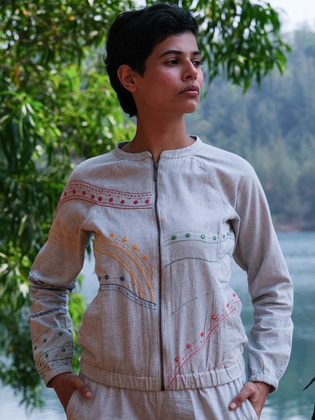 

OKHAI Mandarin Collar Floral Embroidered Cotton Bomber Jacket, Grey