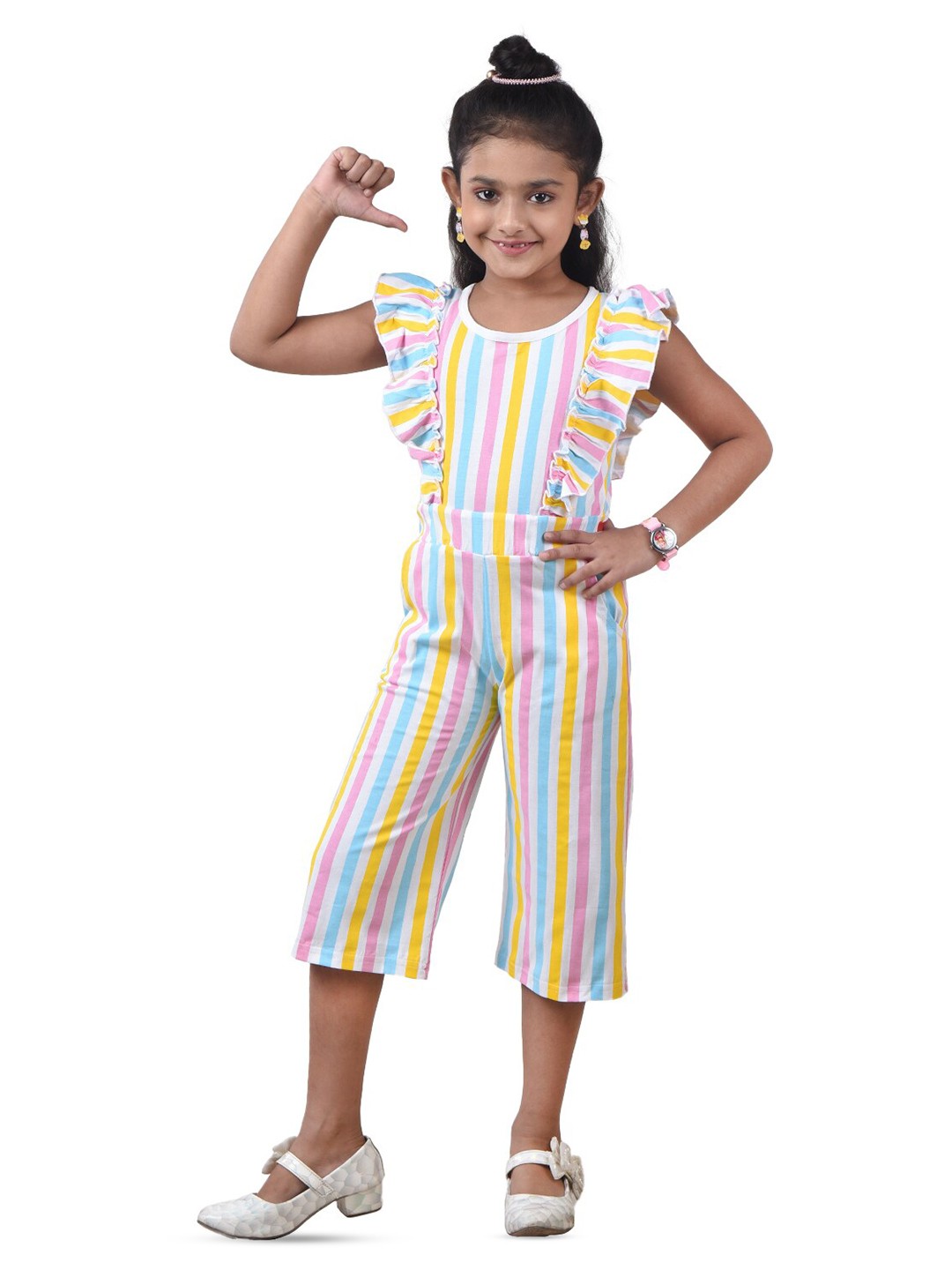 

POMY & JINNY Girls Striped Ruffles Cotton Capri Jumpsuit, White