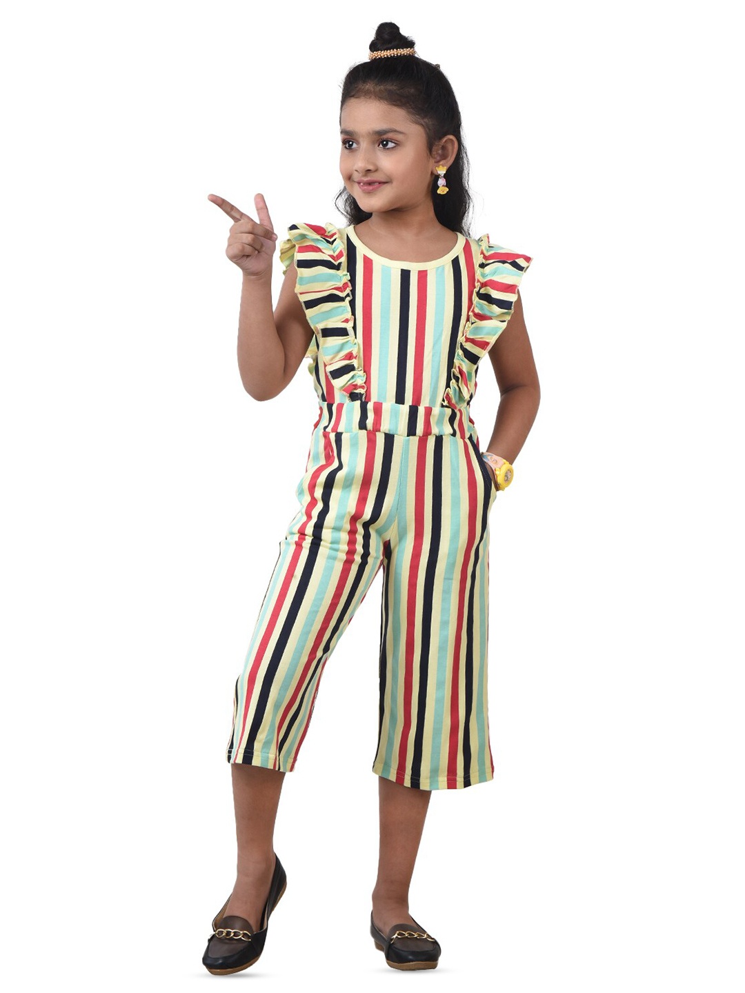 

POMY & JINNY Girls Striped Ruffles Cotton Capri Jumpsuit, Cream