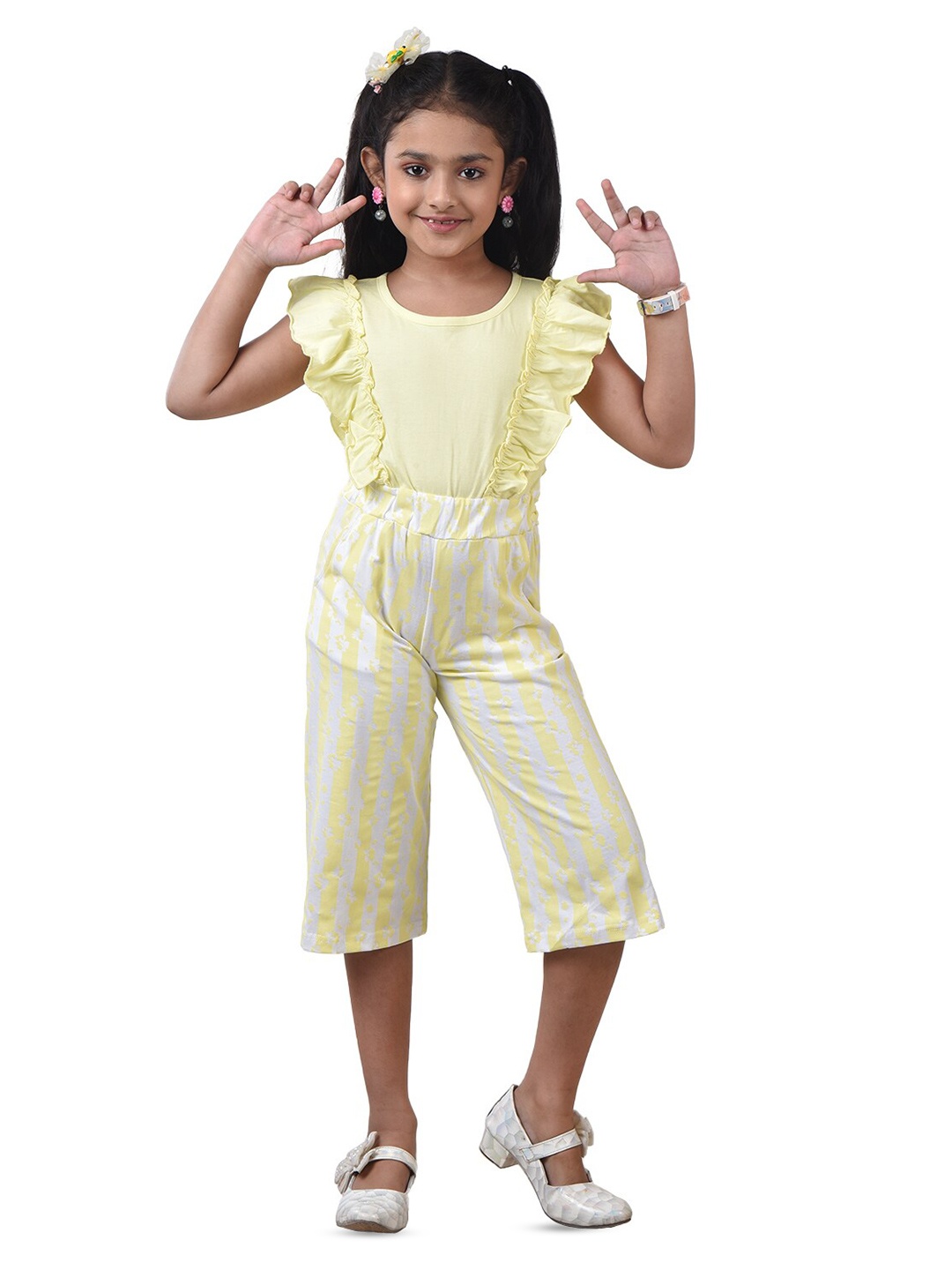 

POMY & JINNY Girls Printed Ruffles Cotton Capri Jumpsuit, Yellow