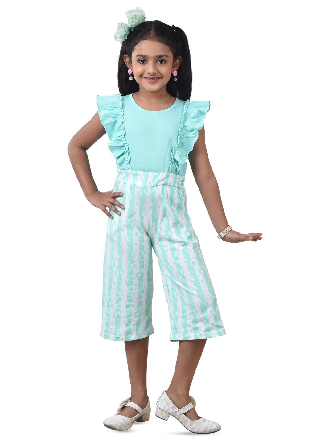 

POMY & JINNY Girls Striped Ruffles Cotton Capri Jumpsuit, Turquoise blue