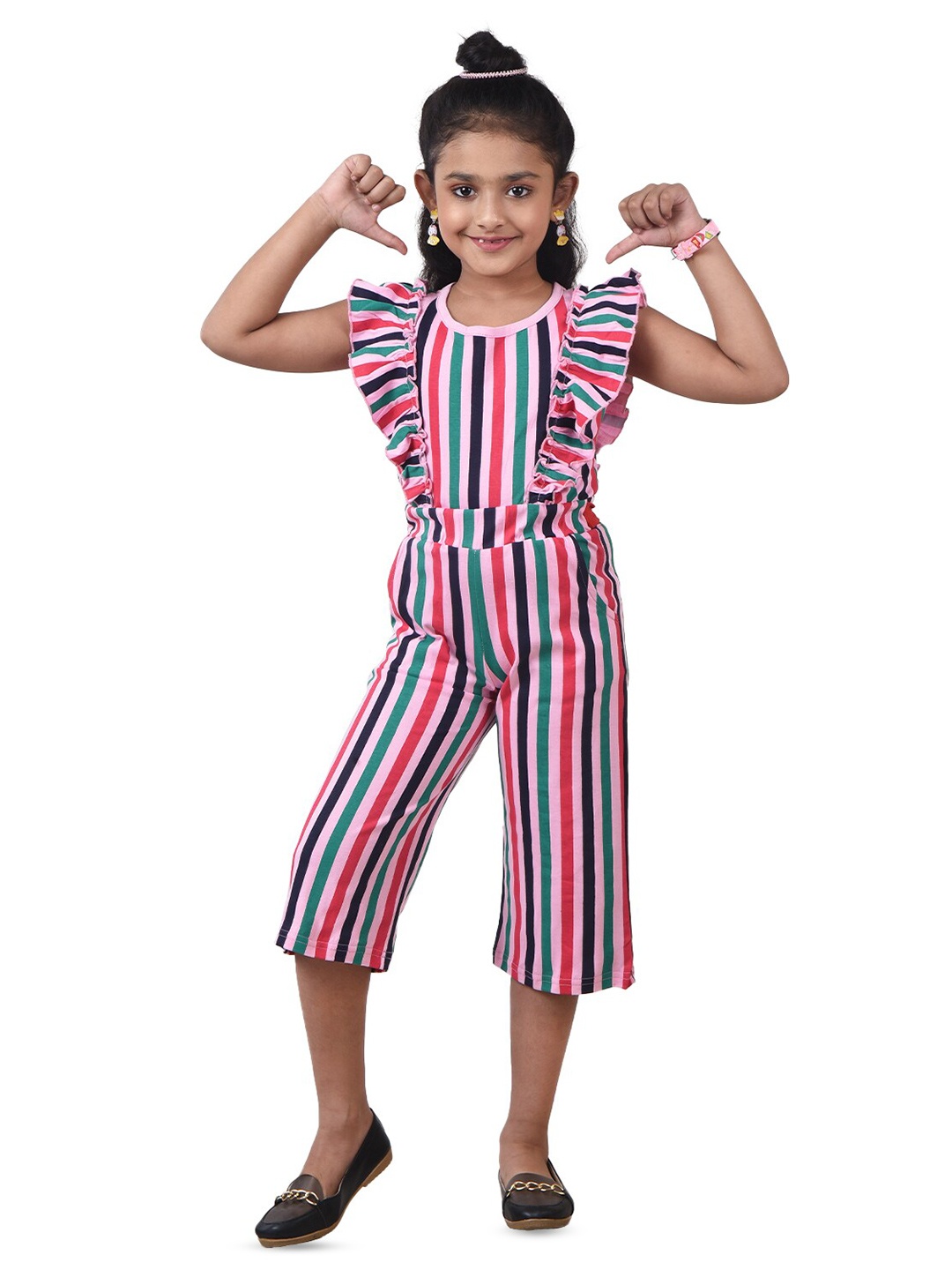 

POMY & JINNY Girls Striped Ruffles Cotton Capri Jumpsuit, Red