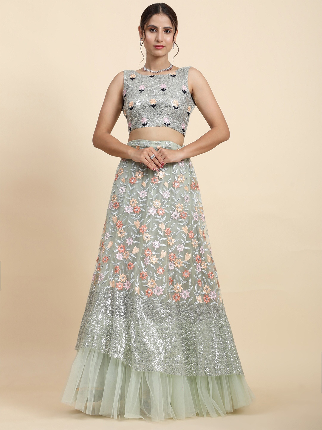 

Phenav Embellished Thread Work Semi-Stitched Net Lehenga Choli With Dupatta, Grey