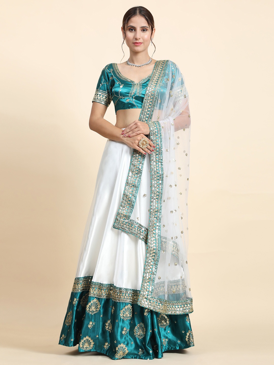 

Phenav Embroidered Semi-Stitched Lehenga & Blouse With Dupatta, White