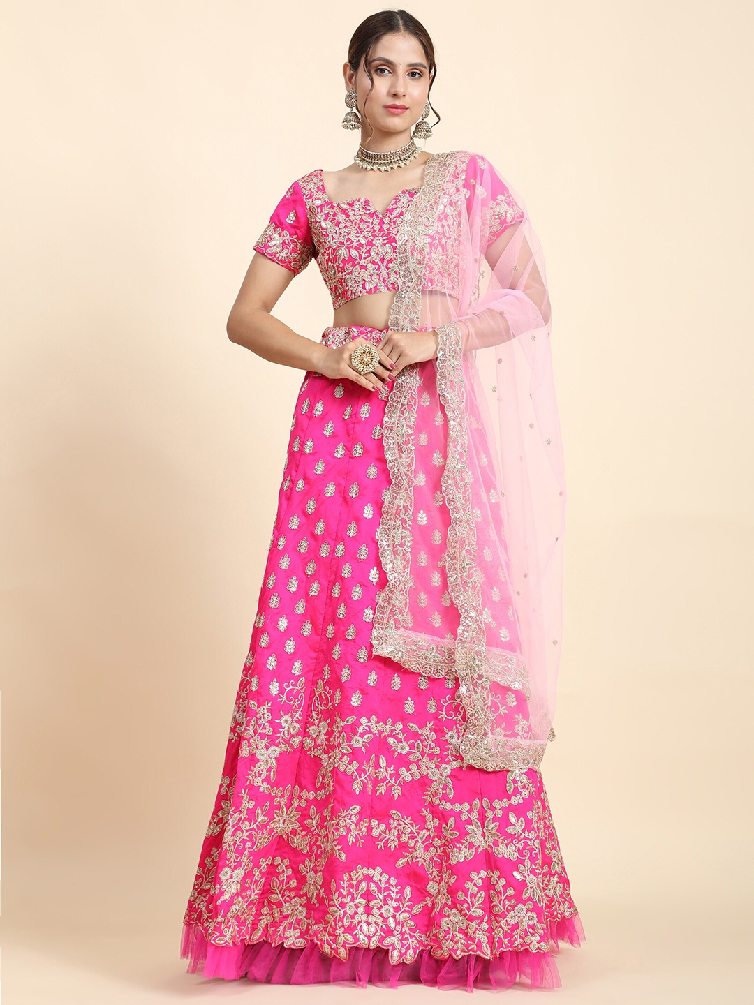 

Phenav Embroidered Thread Work Semi-Stitched Lehenga & Blouse With Dupatta, Pink