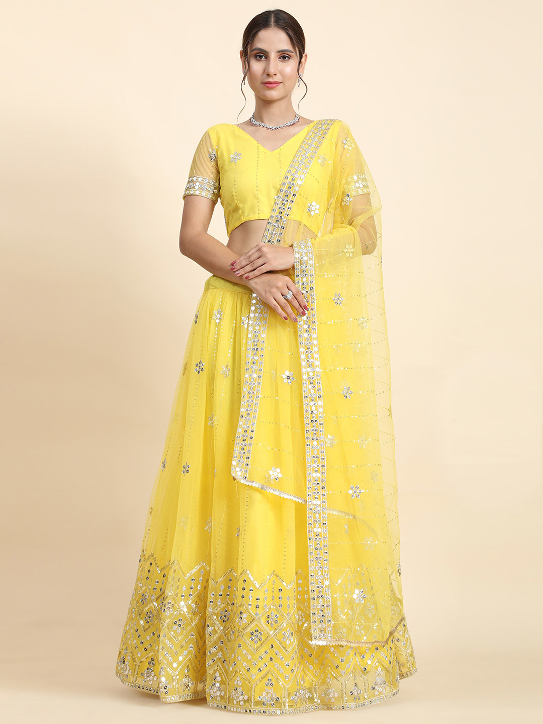 

Phenav Ethnic Embroidered Sequinned Semi-Stitched Lehenga & Blouse With Dupatta, Yellow