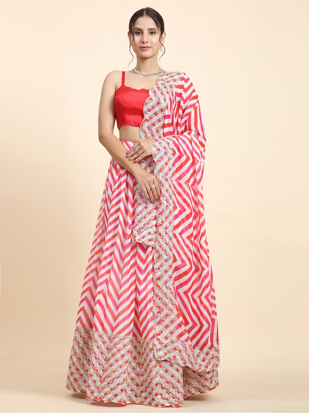 

Phenav Chevron Printed Semi-Stitched Lehenga & Blouse With Dupatta, Pink
