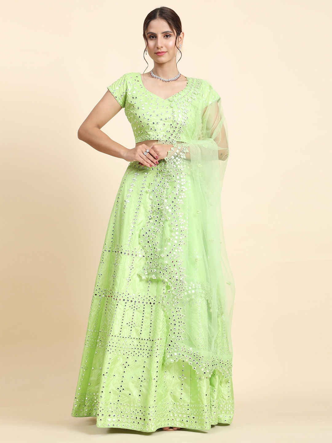 

Phenav Embroidered Mirror Work Silk Semi-Stitched Lehenga & Blouse With Dupatta, Green