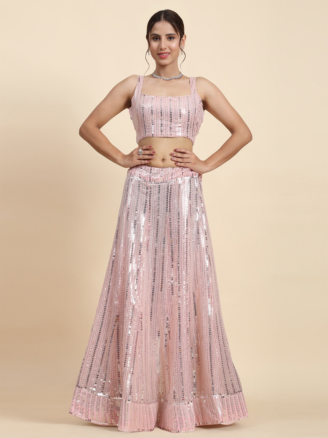

Phenav Embroidered Sequinned Semi-Stitched Lehenga & Blouse With Dupatta, Peach