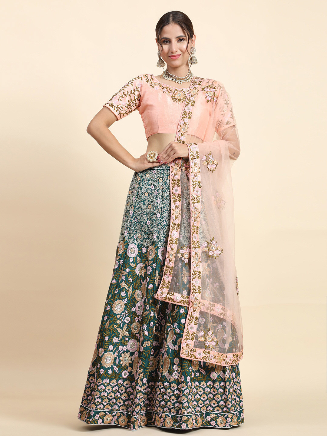 

Phenav Embroidered Thread Work Semi-Stitched Lehenga & Blouse With Dupatta, Grey