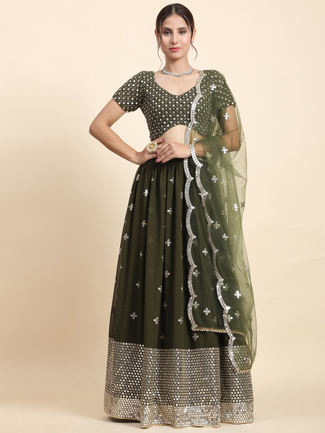 

Phenav Embellished Thread Work Semi-Stitched Lehenga & Blouse With Dupatta, Green