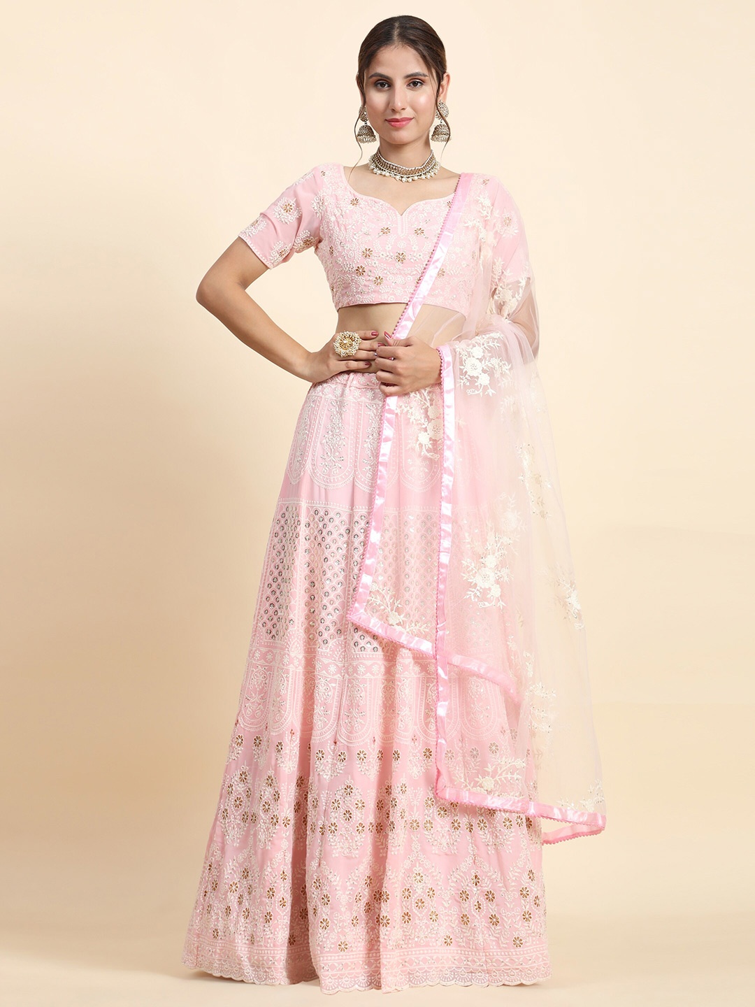 

Phenav Embroidered Sequinned Semi-Stitched Lehenga & Blouse With Dupatta, Pink