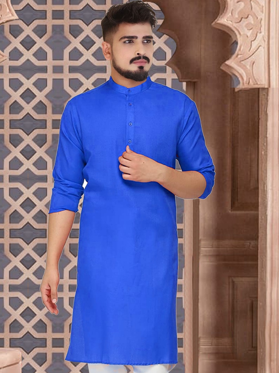

CELLUX Band Collar Long Sleeves Straight Kurta, Blue