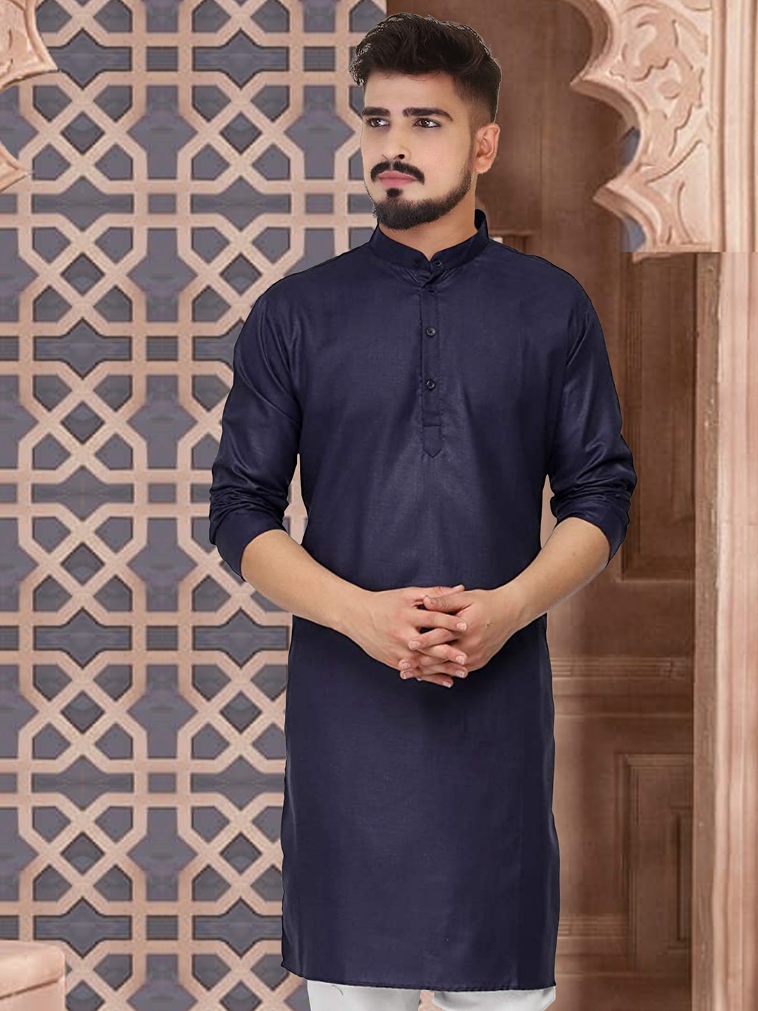 

CELLUX Band Collar Long Sleeves Straight Kurta, Navy blue