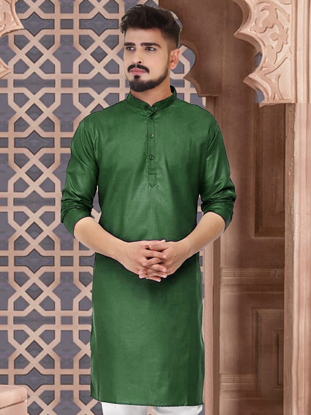 

CELLUX Band Collar Long Sleeves Straight Kurta, Green