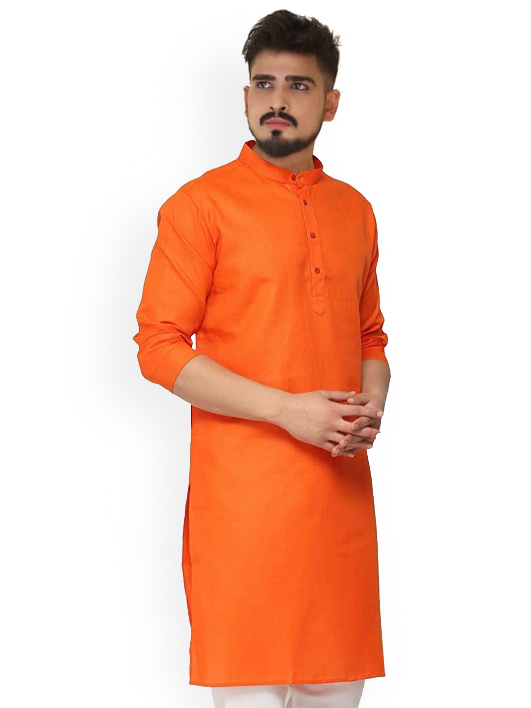 

CELLUX Band Collar Long Sleeves Straight Kurta, Orange