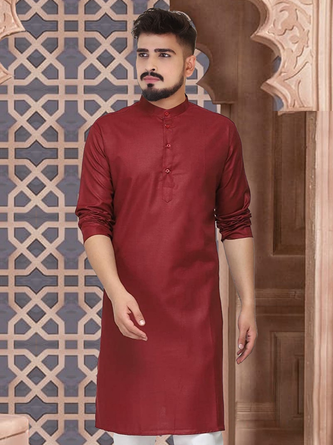 

CELLUX Band Collar Long Sleeves Straight Kurta, Maroon