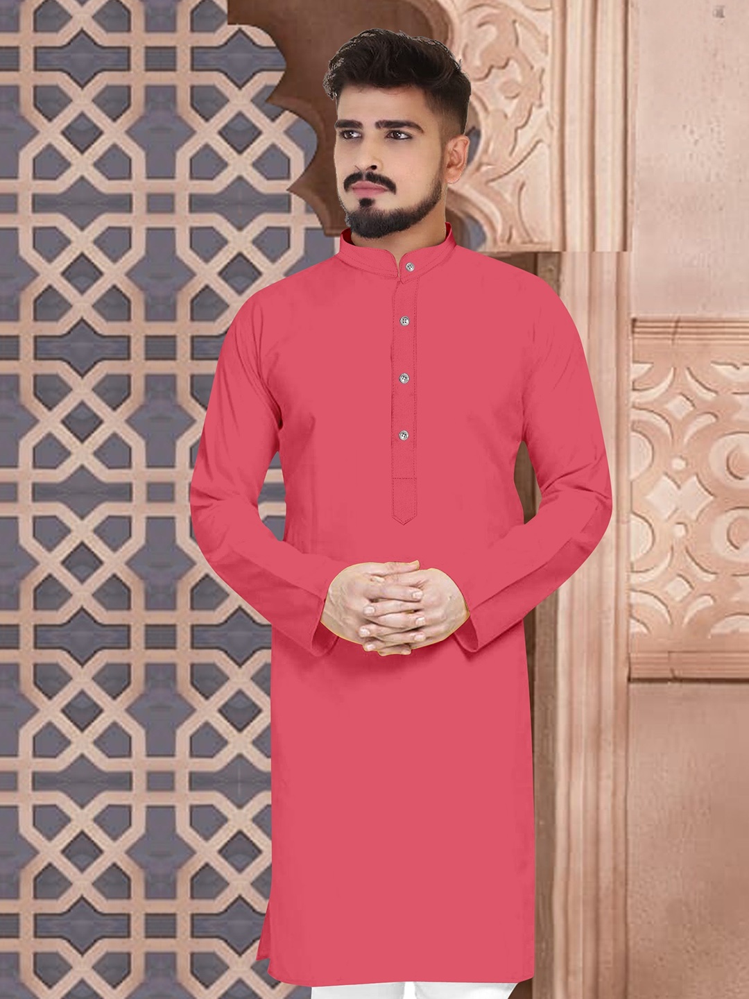 

CELLUX Band Collar Long Sleeves Straight Kurta, Peach