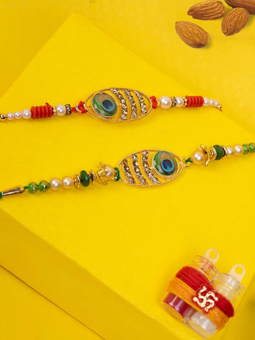 

PANASH Men Set Of 2 Gold-Plated Oval-Shaped Stone-Studded Thread Rakhi Gift Set