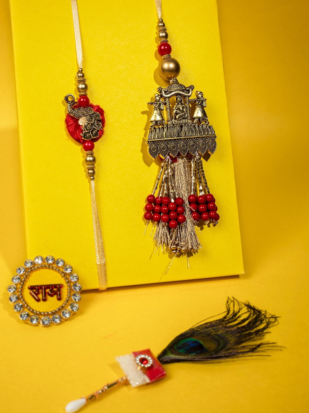 

PANASH Unisex Set Of 2 Gold-Plated Peacock Shaped Bhaiya Bhabhi Embellished Rakhi Gift Set