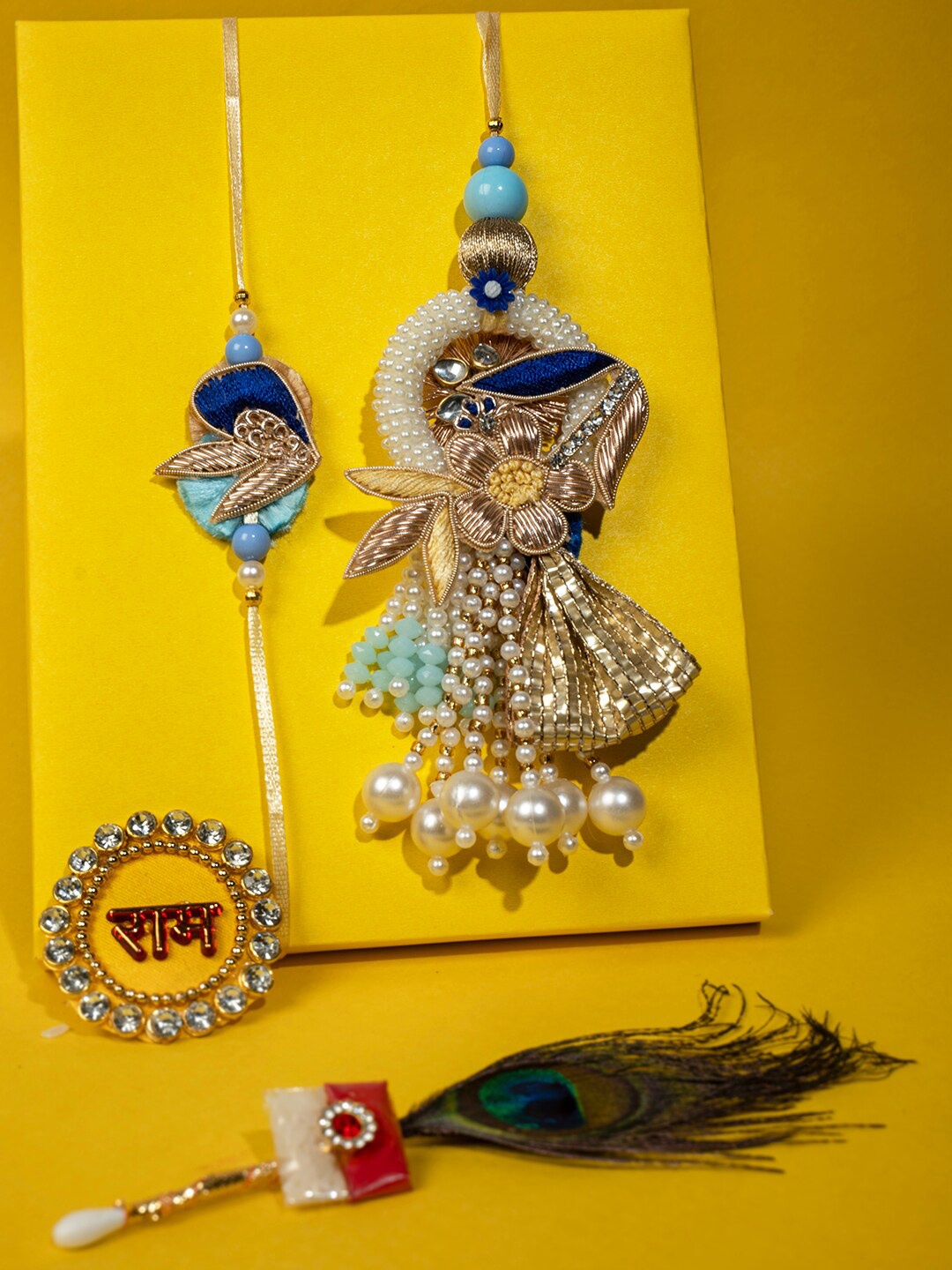 

PANASH Unisex Set Of 2 Floral Stone-Studded Bhaiya Bhabhi Rakhi Gift Set, Gold