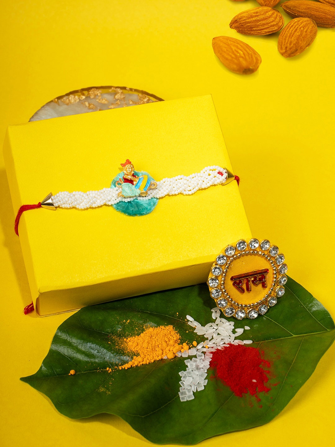 

PANASH Men Gold-Plated Krishna Thread Rakhi With Roli Chawal Gift Set
