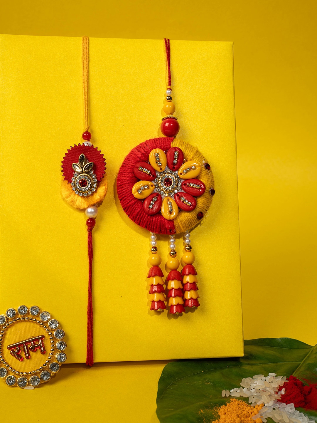 

PANASH Set Of 2 Gold-Plated Stone-Studded Bhaiya Bhabhi Embellished Rakhi & Roli Chawal