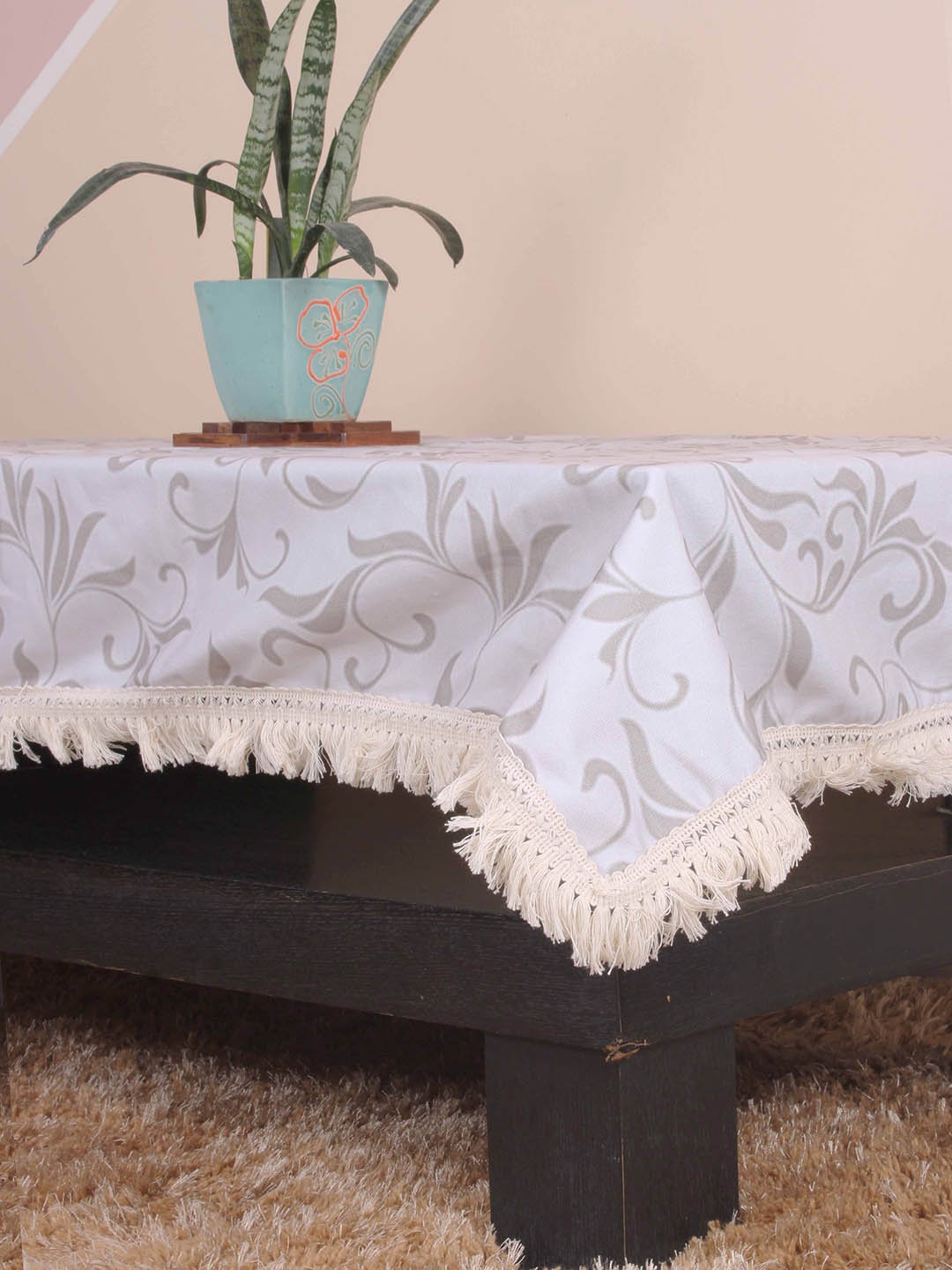 

STITCHNEST Beige Digital Printed Cotton 6 Seater Table Cover With Lace