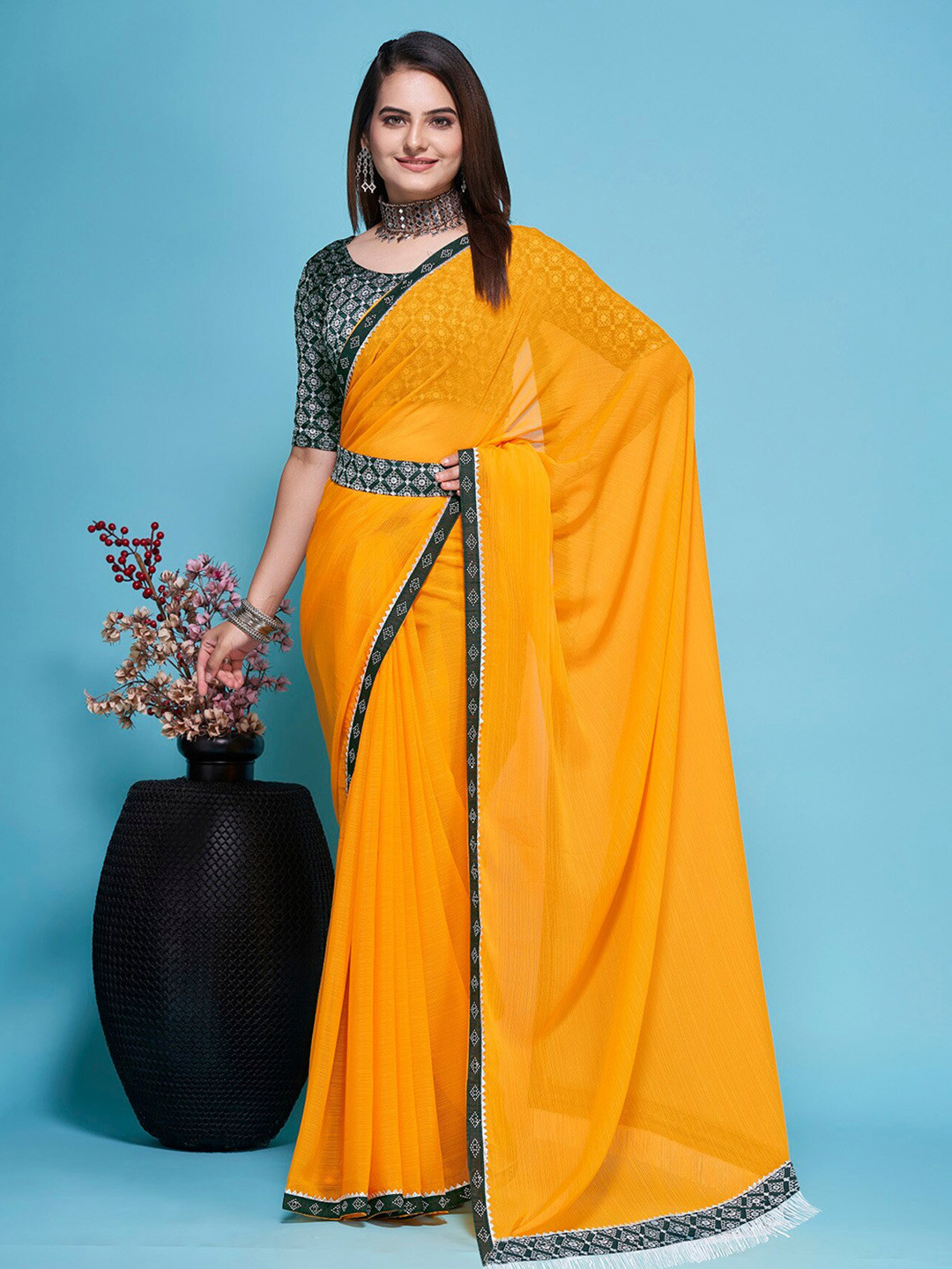 

TEREZA Pure Georgette Belted Saree, Yellow