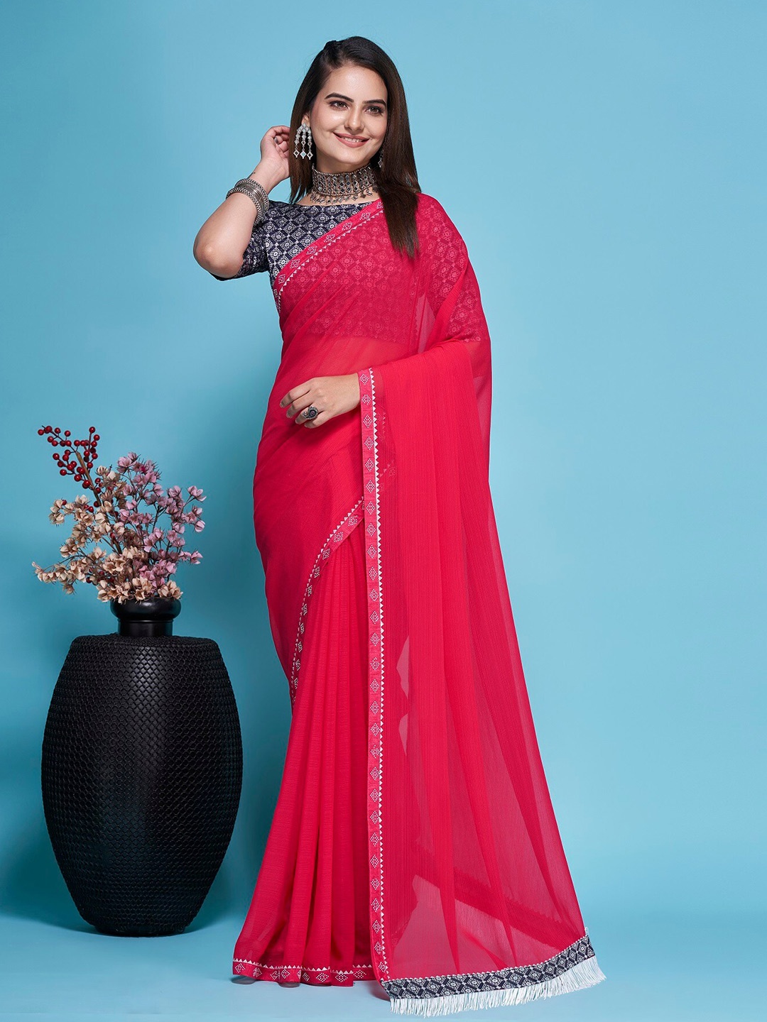 

TEREZA Embellished Beads & Stones Pure Georgette Belted Saree, Pink