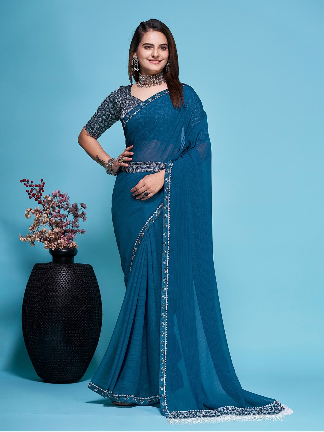 

TEREZA Embellished Beads & Stones Pure Georgette Belted Saree, Teal