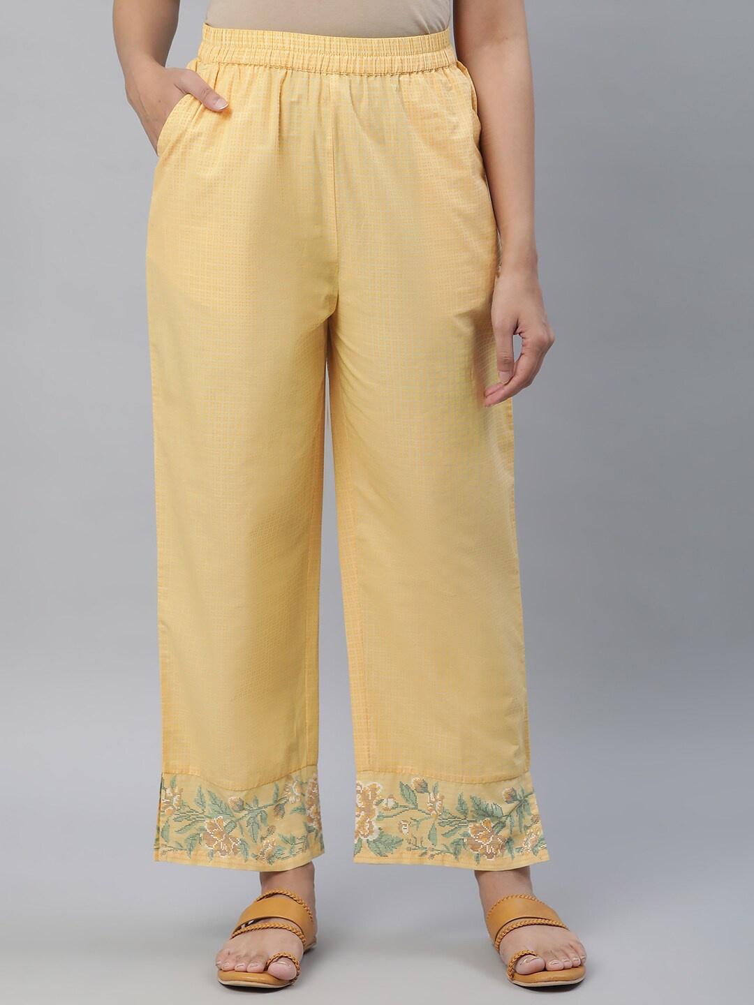 

AURELIA Floral Printed Wide Leg Ethnic Palazzos, Yellow