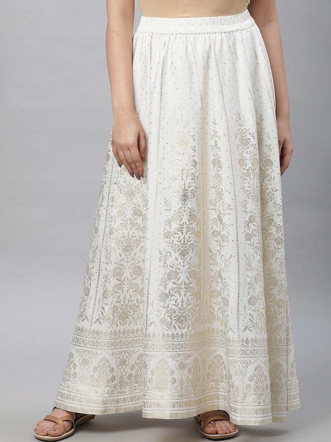 

AURELIA Ethnic Motif-Printed Maxi Flared Skirts, White