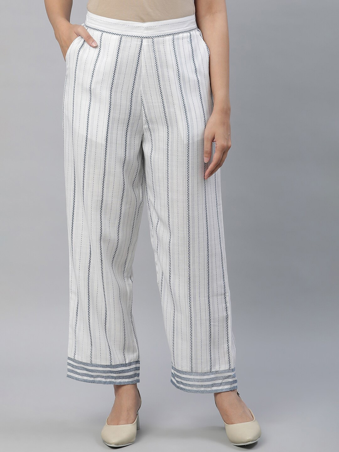 

AURELIA Striped Straight Fit Ethnic Palazzos, White