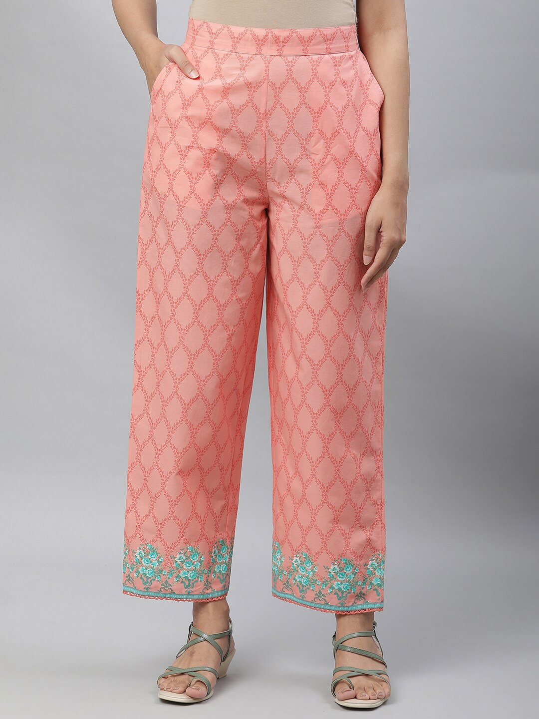 

AURELIA Ethnic Motifs Printed Wide Leg Pure Cotton Ethnic Palazzos, Peach