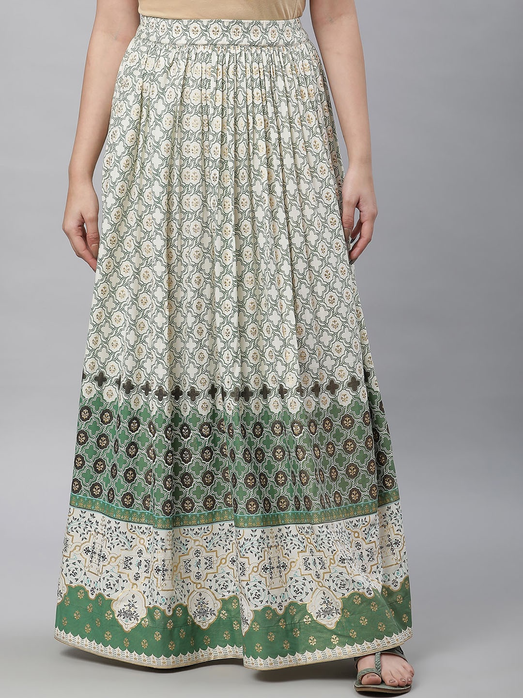 

AURELIA Ethnic Motifs Printed Flared Maxi Skirt, Off white