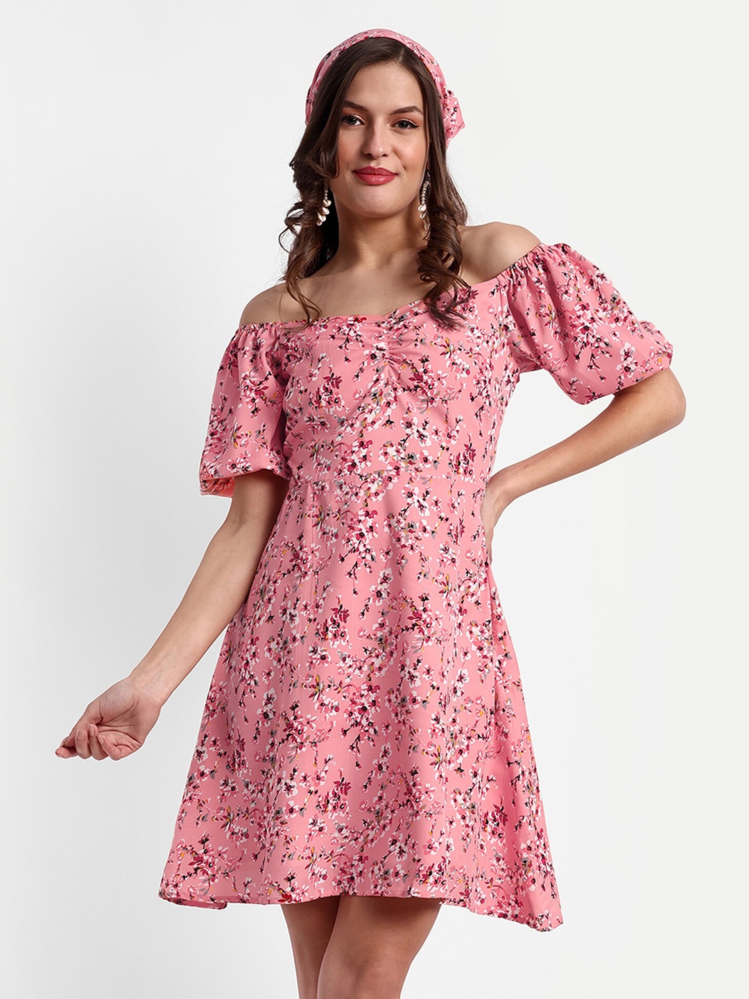 

ESSQUE Floral Printed Puff Sleeves Fit & Flare Dress, Pink