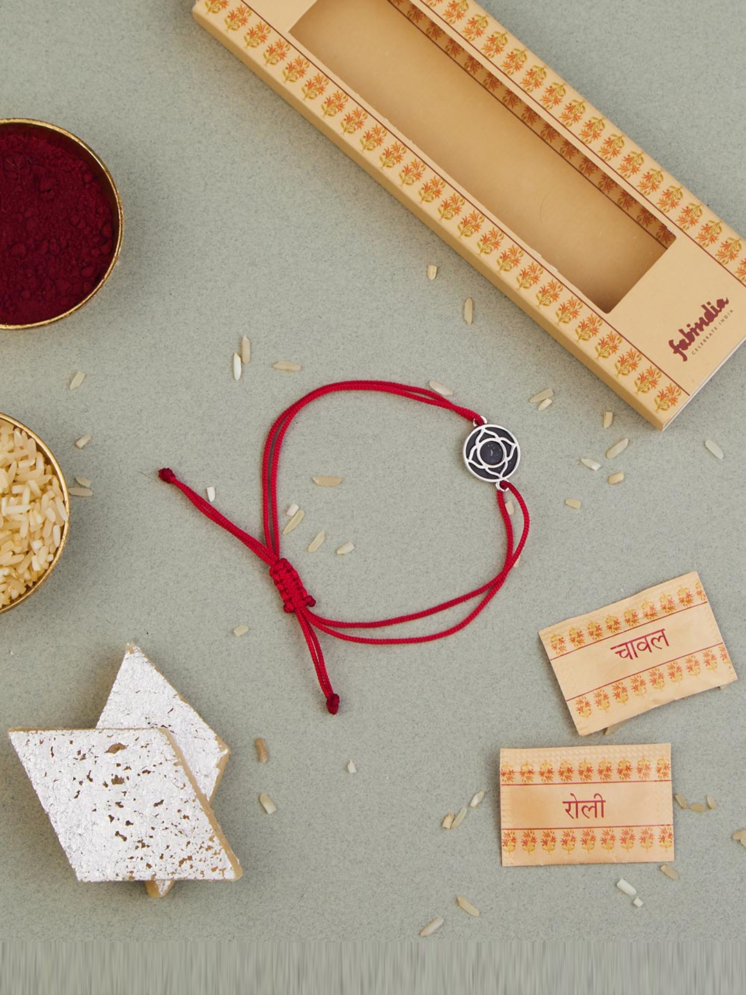 

Fabindia Flower Rakhi With Roli & Chawal, Red