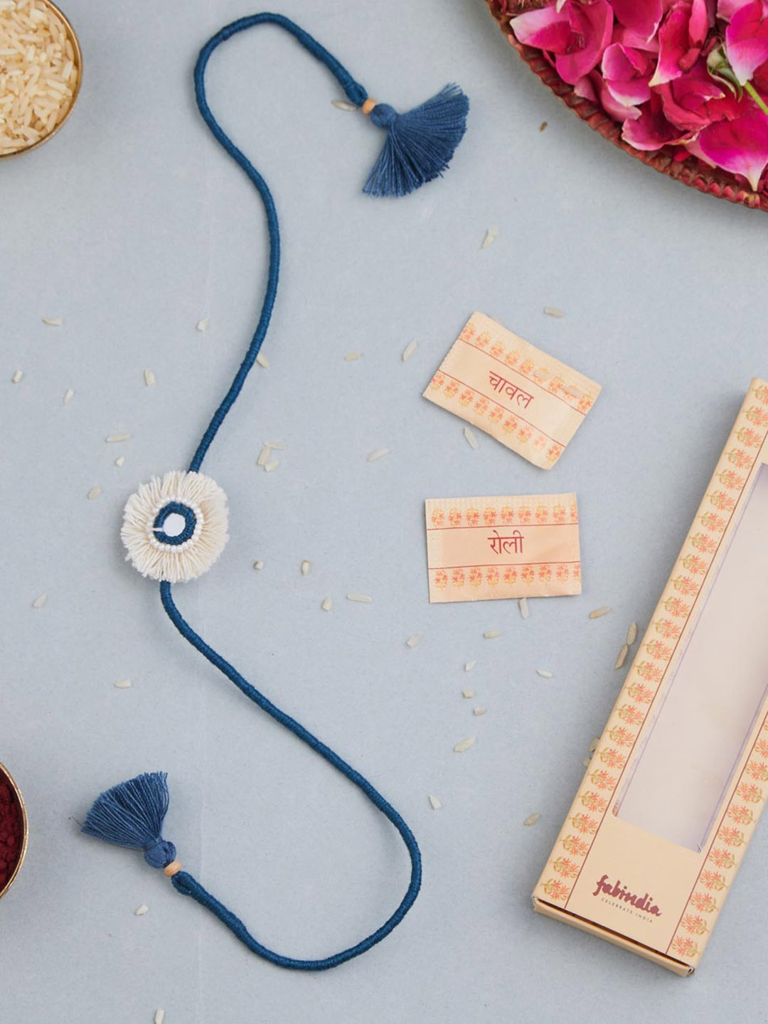 

Fabindia Women Pearl Beaded Mirror Charm Thread Rakhi With Roli & Chawal, White